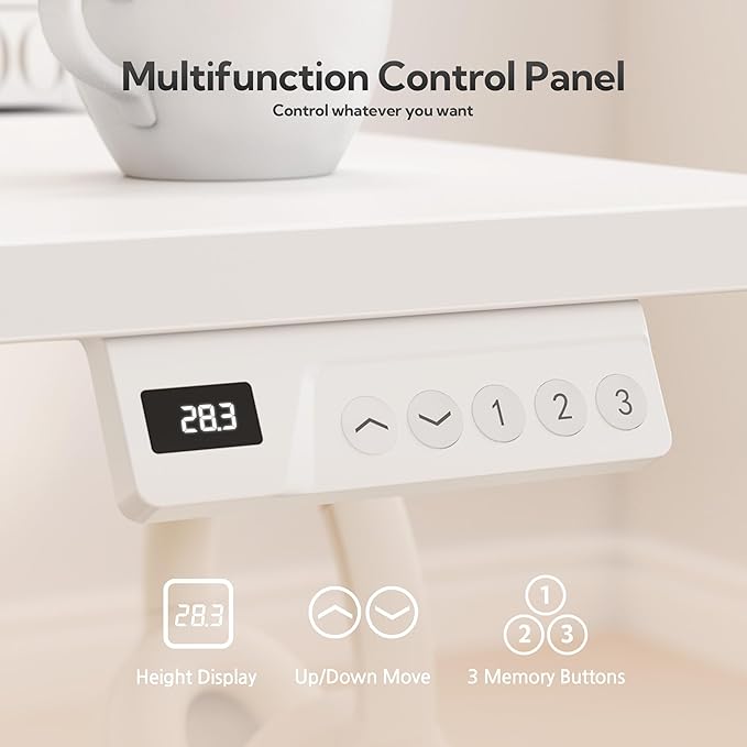Seang Standing Desk with Drawer, 40" x 24" Height Adjustable Stand Up Desk, 3 Memory Height Settings with Cable Grommets & Storage Hooks, Ideal for Home & Office, White