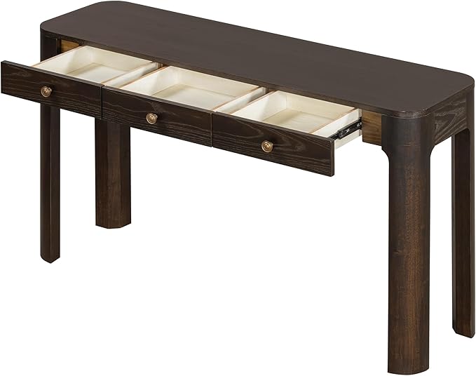 52“ Rustic Console Table with Curved Corners for Safety, Entryway Table with 3 Concealed Drawers, Sturdy Sofa Table with Thick Legs for Hallway & Living Room(Espresso)
