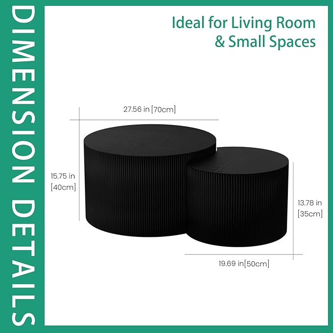 Round Nesting Coffee Table Set 2 Piece, Modern DrumStackable Side Table for Living Room/Bedroom Small, Space-Saving Accent Furniture with Scratch-Resistant Design (A Black 27.56 in)