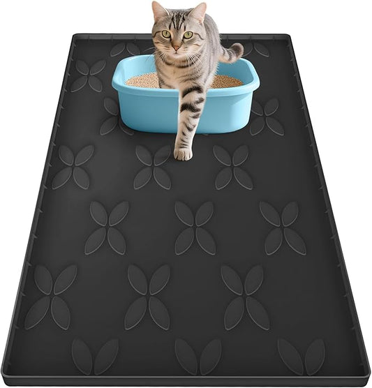 Cat Litter Mat, Large 34" x 22" Litter Box Mat, Waterproof Silicone Litter Mat for Litter Box, Non-Slip, Easy to Clean (Black)
