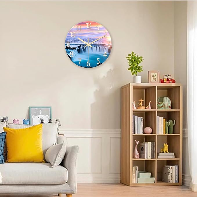 XNM Landscape Blue Beach Wall Clock for Bedroom Living Room 14 Inch Glass Battery Operated Clocks for Wall Analog Wall Clock Silent Non Ticking