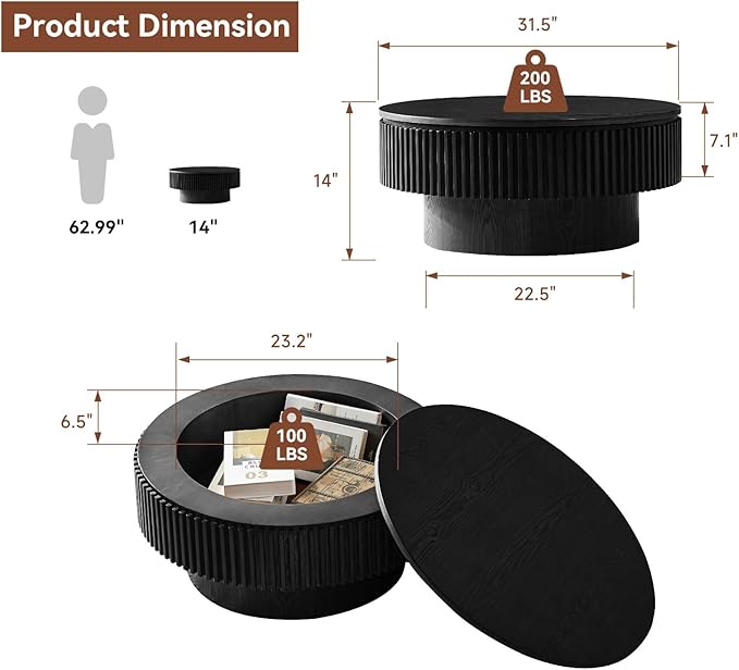 Round Coffee Table for Living Room,Fluted Drum Accent Tea Center Table with Storage,Circle Modern Coffee Tables for Small Space Office Apartment (31.5" L×31.5''W×14''H-Black)