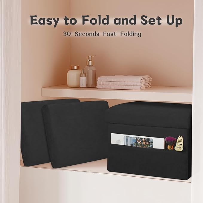 Small Ottoman with Storage, Folding Foot Rest Stool with Thicker Furry Padded Seat. Soft Fur Storage Ottoman Bench for Bedroom Living Room, Holds Up to 300 lbs, 17x13x13IN (Black)