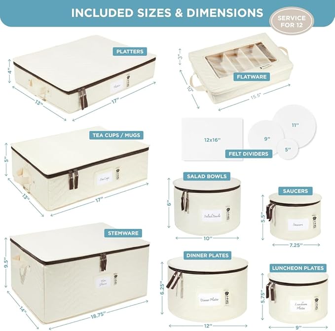 Hard Shell China Storage Containers 8-Piece Set Moving Boxes for Dinnerware, Glasses, Plates, Mugs and Saucers Sturdy Dish Organizer with Dividers for Seasonal Storage - Service for 12 - Beige Quilted