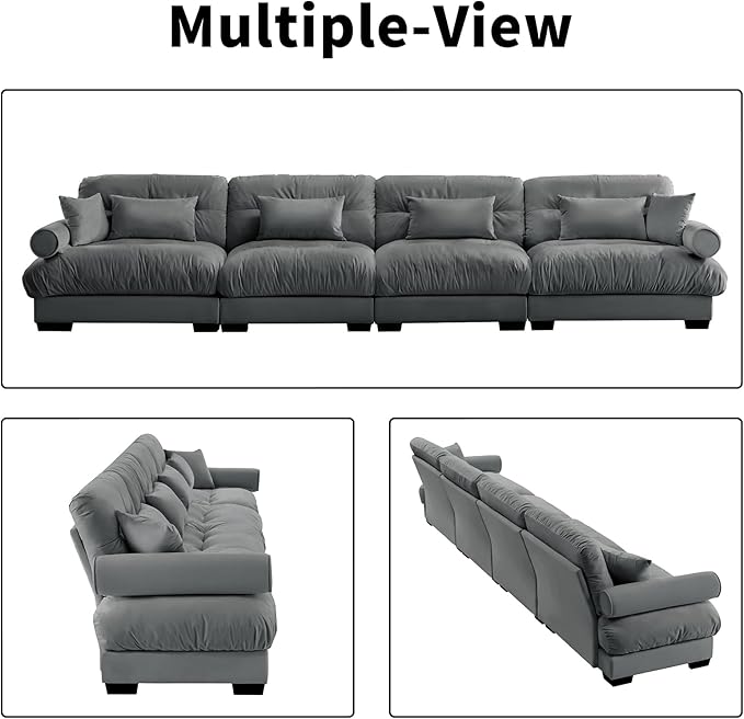 166" Grey Modular Sectional Sofa, 4 Seater Large Sectional Couches for Living Room, Velvet Fabric Oversized Fluffy Cloud Couch with Ottoman, Deep Seat Home Sofas Set, Sofá Moderno