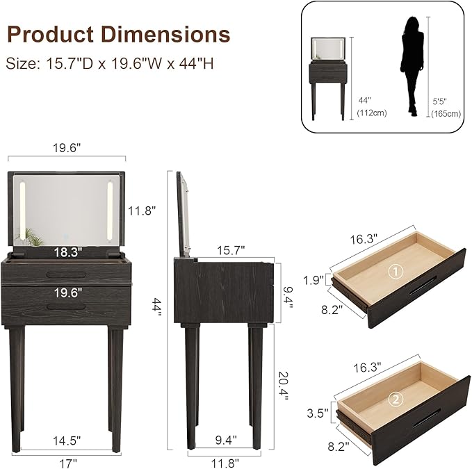 Solid Wood Small Vanity Desk with Mirror and Lights, Narrow Makeup Vanity for Small Space, Flip Top Vanity Side Table, 3 Color Modes & Adjustable Brightness, 19.6" Slim Dressing Table, Black