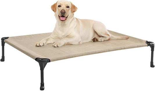 Veehoo Outdoor Elevated Dog Cot Bed, Cooling Raised Pet Bed for Large Dogs, Washable Breathable Mesh Hammock Bed with No-Slip Feet, Indestructible Ground Off Training Platform Cot-42"x30" Beige Coffee