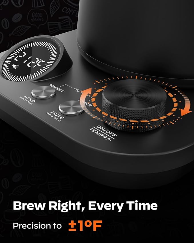 Silonn Gooseneck Kettle, Electric Kettle with ±1°F Precise Temperature Control, Pour-Over Coffee,212°F Hold for 4-Hour Warmth, LED Brew Timer and 7 Presets, 304 Stainless Steel Kettle, 1200W/0.9L