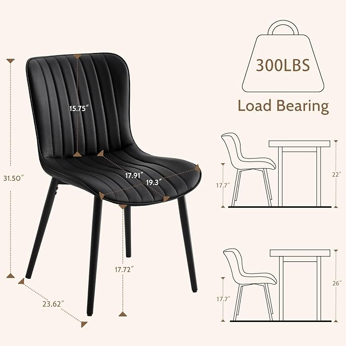 Modern Dining Chairs Set of 4, Heavy Duty Upholstered Side Chairs with Faux Leather, Comfortable Cushions & Durable Metal Legs with Adjustable Feet, Perfect for Kitchen, Dining Room (Black)