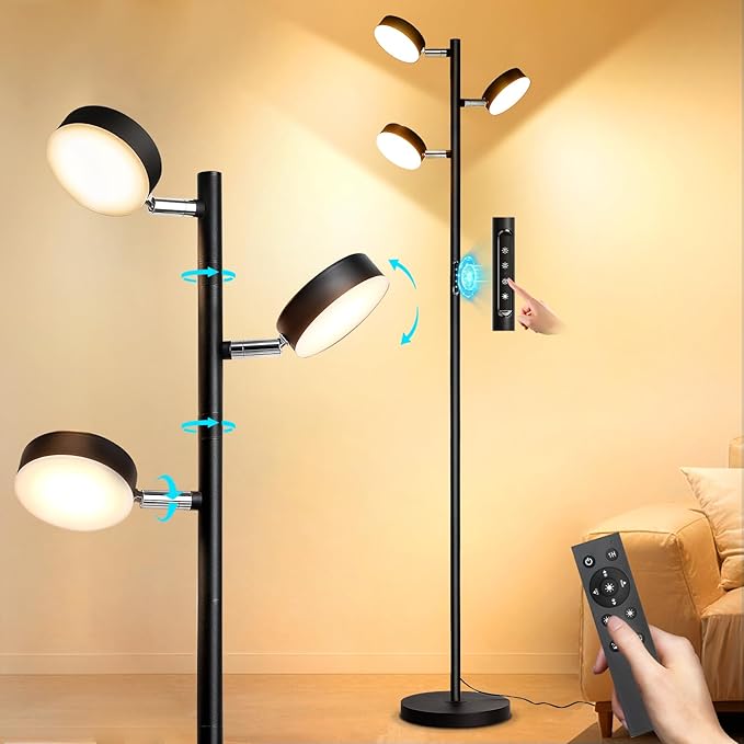 Tree Floor Lamp for Living Room - Modern Black Standing Lamp, LED Floor Light with Remote & Touch, 3000K-6000K Dimmable for Bedroom Office Reading (3 Head)