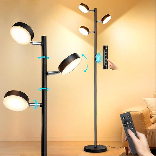 Tree Floor Lamp for Living Room - Modern Black Standing Lamp, LED Floor Light with Remote & Touch, 3000K-6000K Dimmable for Bedroom Office Reading (3 Head)