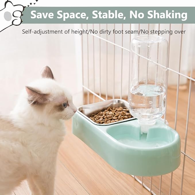 Hanging Dog Bowls, Cage Automatic Cat Food and Water Bowl Set with Water Dispenser and Stainless Steel Bowl, Detachable Gravity Pet Feeder and Waterer Set for Cats Dogs Puppy Rabbit (Pink)