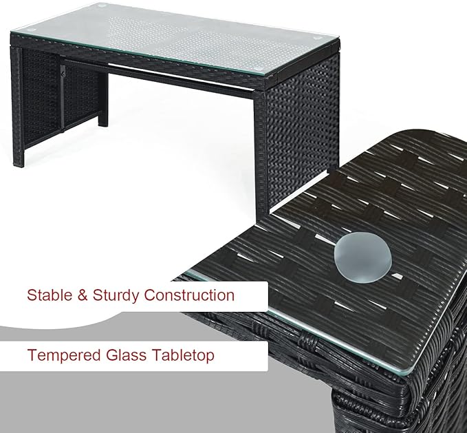 Tangkula Patio Wicker Conversation Furniture Set, Patiojoy Sofa & Table Set w/4 Seats, Outdoor Rattan Sofa Set for Balcony Backyard, Wicker Chair Set with Tempered Glass Coffee Table (1, Red)