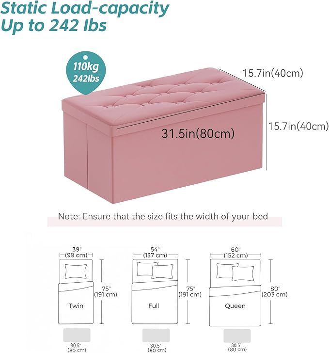 BRIAN & DANY Folding Storage Ottoman Bench, Ottoman with Storage, Foot Rest, Benches Seat for Bedroom, Living Room, Entryway, Long Shoes Bench, 15.7" x 31.5" x 15.7" Hot Pink