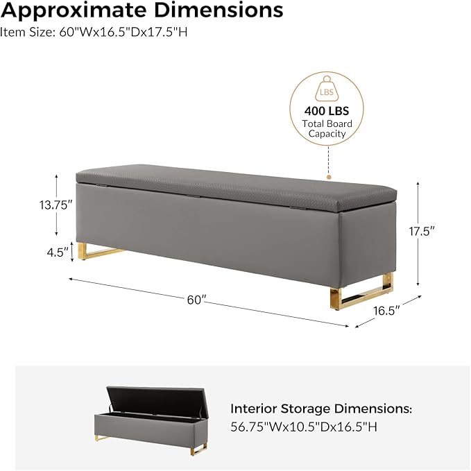 EcoHarbor Living Storage Ottoman Bench with Throw Ottomans, Modern End of Bed Bench, Upholstered Footrest Stool with Gold Legs for Living, Bedroom, Entryway and Hallway(Grey 60inch)