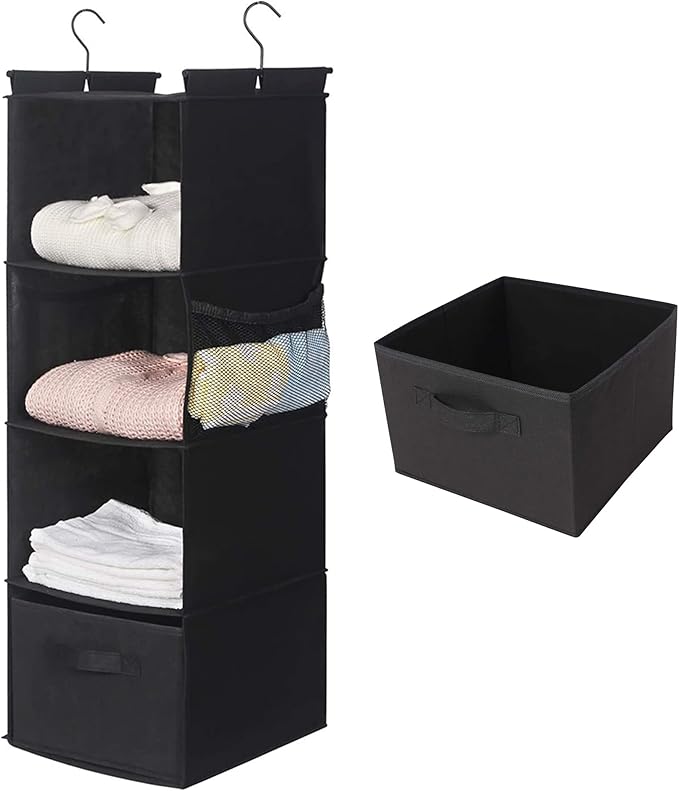 MAX Houser 4-Shelf Hanging Closet Organizer, Space Saver, Cloth Hanging Shelves with 2 Side Pockets, Foldable (Black)