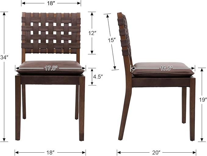 Woven Faux Leather Dining Chairs Set of 4, Farmhouse Upholstered Kitchen Chairs with Wooden Legs Armless Accent Side Chairs for Dining Room/Restaurant, Brown