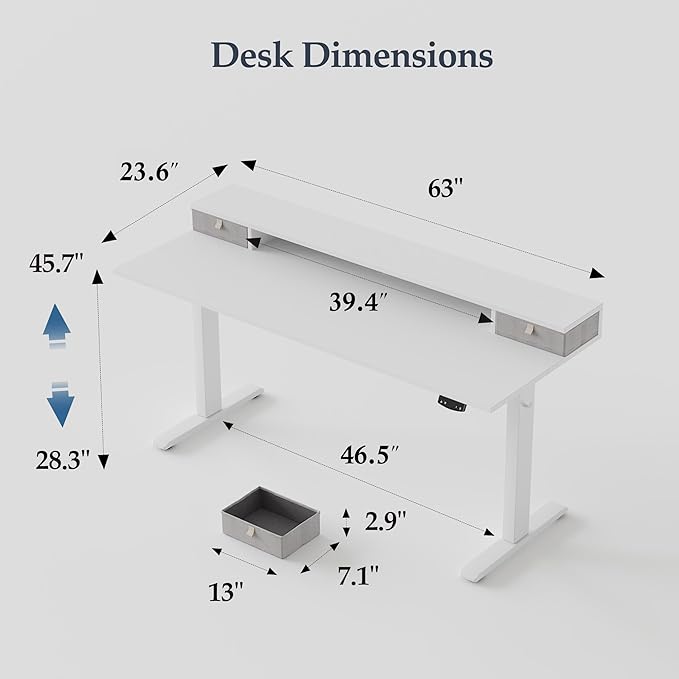 Klicelor 63 Inch Electric Standing Desk with Drawers, Adjustable Height Small Sit Stand Desk for Home Office, Compact Computer Workstation with Storage– White