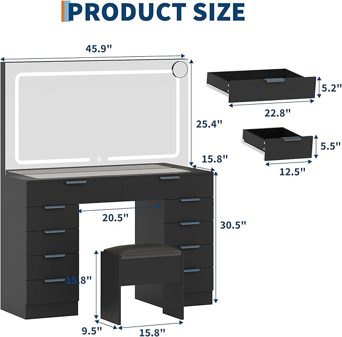 Garvee Vanity Desk with Large Mirror and Lights & Magnifying Glass, Makeup Table, Dressing Table Set with Stool, Power Outlet, 3 Lighting Modes, 10 Drawer, Black