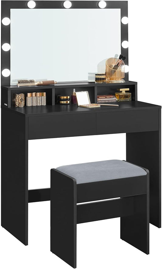 VASAGLE Vanity Desk with Mirror and Lights, Makeup Vanity with Upholstered Vanity Stool, 9 Dimmable LED Lights, 3 Compartments, 2 Drawers, for Bedroom, Ink Black URDT129B01