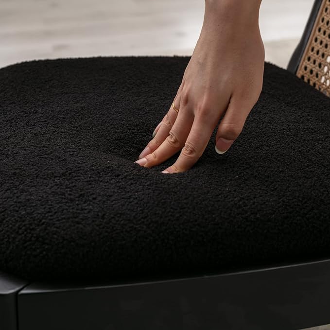 LukeAlon Modern Sherpa Dining Chairs Set of 6, Natural Woven Rattan Cane Back Side Chairs with Solid Wood Legs Mid Century Dinner Chairs for Kitchen Living Room, Black