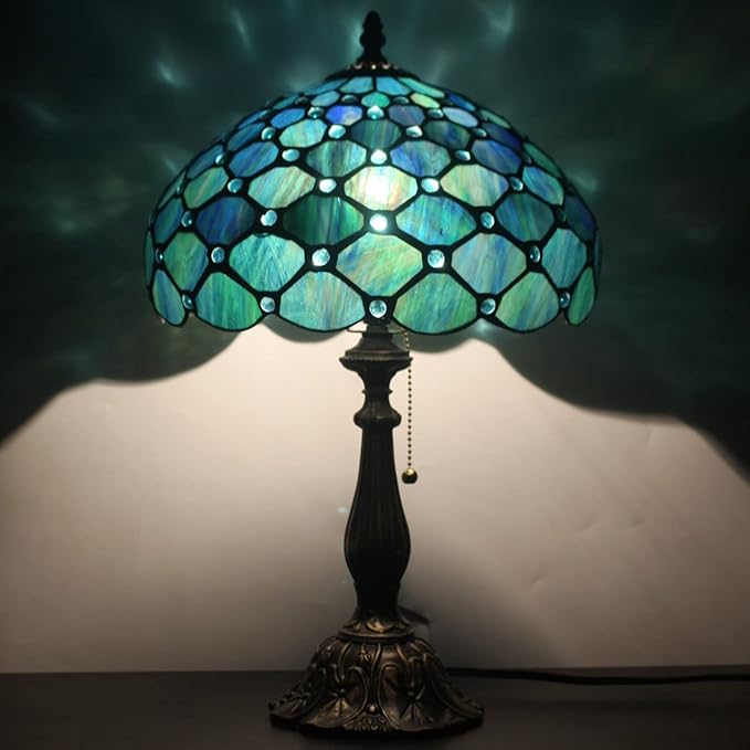 Tiffany Table Lamp Stained Glass Lamp 12X12X19 Inch Antique Reading Light (Sea Blue Pear)