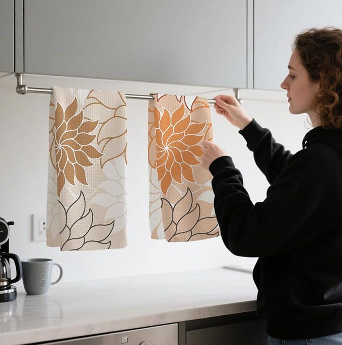 2-Pack Boho Floral Abstract Waffle Towels, Flower Hand Towel for Bathroom Decor, 16x24 Inch Neutral Brown & Orange Color Flower Dish Tea Towel Decor for Kitchen/Bath/SPA,Gift for Friends.
