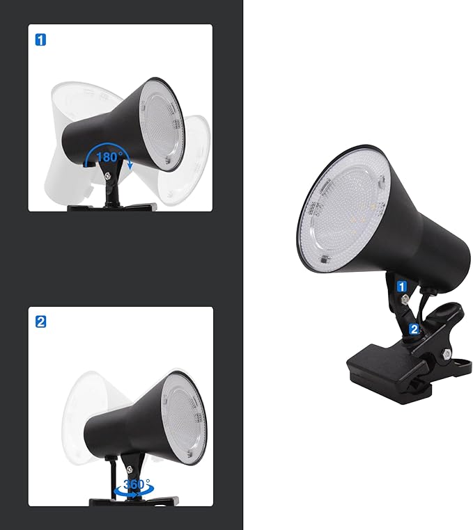 LED Clip-on Desk Lamp, 360° Adjustable Clamp Desk Light with Switch, 5W 280LM 4000K Cool White Small Table Light Plug-in for Home Office, Study, Dorm, ETL Listed