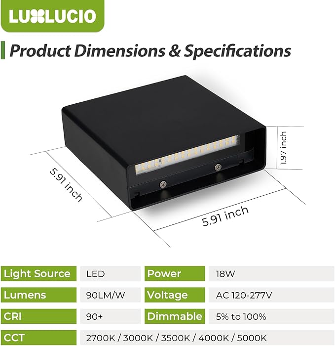 Indoor Outdoor Wall Light, 5%-100% Dimmable, 5 Color Temperature Selectable (2700K-5000K), Modern Wall Sconce for Living Room Porch, IP65 Waterproof, 120-277V, CRI90+, ETL FCC Certified