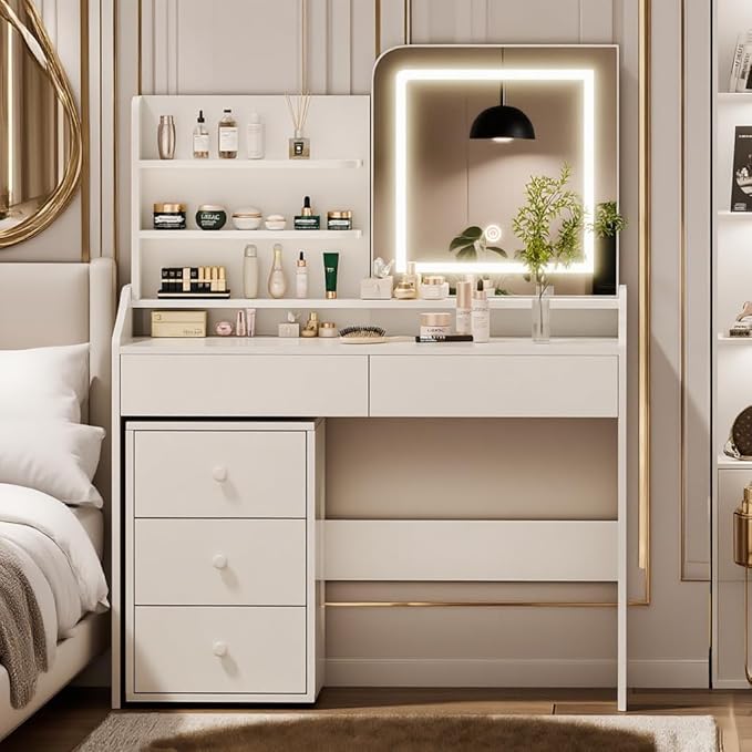 White Makeup Vanity Desk with LED Mirror & Movable Storage Cabinet, 3-Tier Open Shelves, 5 Drawers, Adjustable 3-Color Lighting for Bedroom