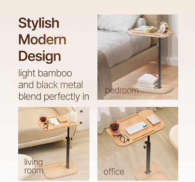 DAVIDOK C-Shaped Sofa End Table, Adjustable Height Couch Side Table with Device Slot, Wood Color with Black Metal Stand, Couch Table for Living Room, Bedroom