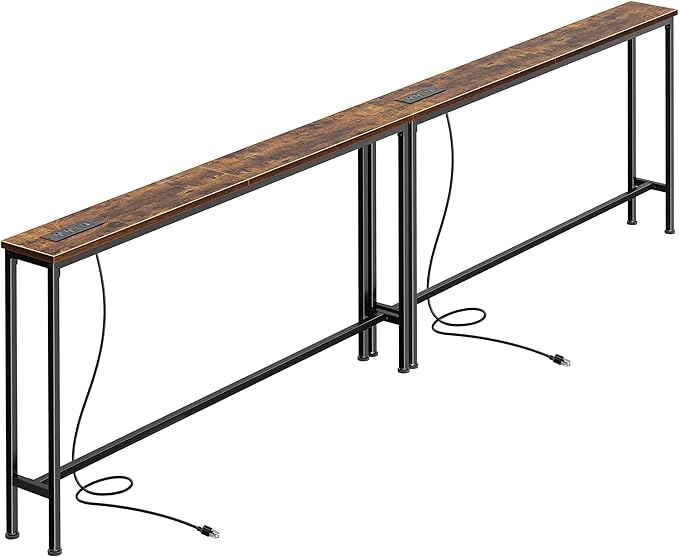 SUPERJARE 102.4 Inch Sofa Table with Power Outlets and USB-C Ports, 5.9 Inch Narrow Console Tables, Entryway Hallway Couch Tables with Storage, Behind Sofa, Small Spaces, Living Room, Rusitc Brown