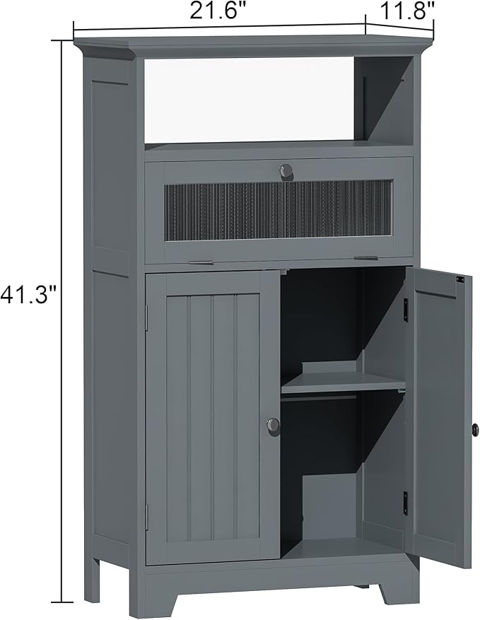 ChooChoo Bathroom Floor Storage Cabinet with Flip Glass Drawer, Bathroom Cabinets Freestanding with 2 Doors Adjustable Shelf & 1 Open Storage for Bathrooms, Living Room, Hallway, Grey