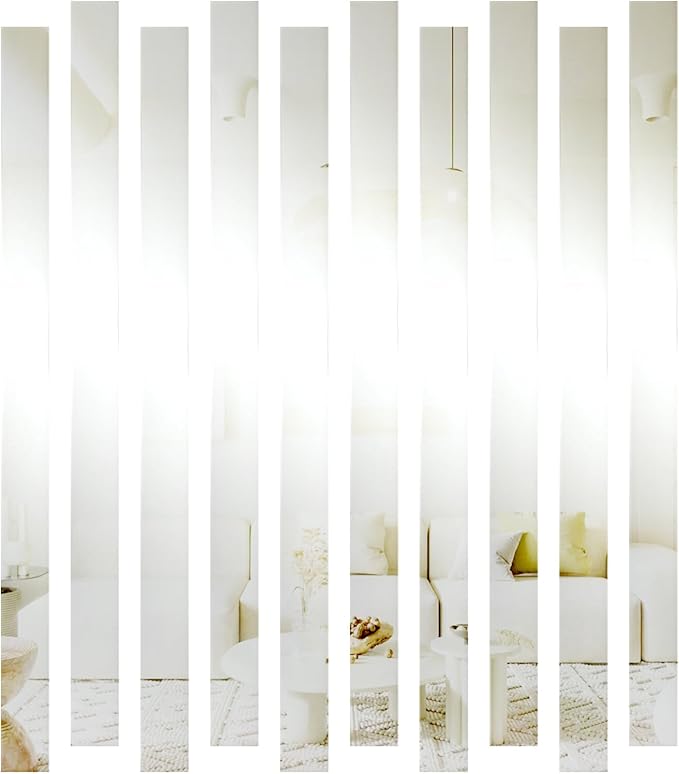 10Pcs DIY Striped Mirror Stickers 1.18" Wide Self Adhesive Removable Long Acrylic Frameless Mirror Sheets for Home Living Room Bedroom DIY Decor (Silver)
