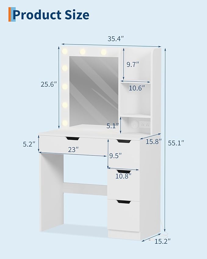 Garvee Vanity Desk with Mirror and Lights - Makeup Vanity Desk with 4 Drawers, Built-in Power Outlet & USB, Adjustable LED Lighting, Makeup Table for Bedroom