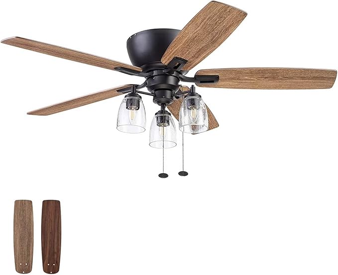 Prominence Home Arthur, 52 inch Industrial Farmhouse Flush Mount LED Ceiling Fan with Light, Pull Chain, Three Mounting Options, Dual Finish Blades, Reversible Motor - 51486-01 (Espresso)