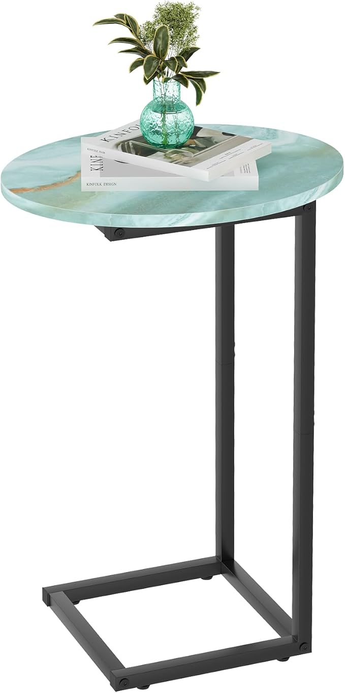 C Shaped End Side Table, Small Oval Couch Sofa Table for Bed, Snack Side Table with Metal Frame, TV Tray Table with White Marble for Small Space, Living Room, Bedroom, Bedside(Sea Blue)