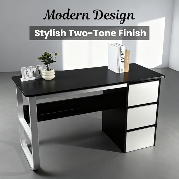 Premium Modern Wooden Computer Desk White Wooden Drawers & Bookshelf - Black Wood Top Writing Table with Strong Iron Frame for Home Office & Study 47.24W x 19.68L x 29.13H Inches