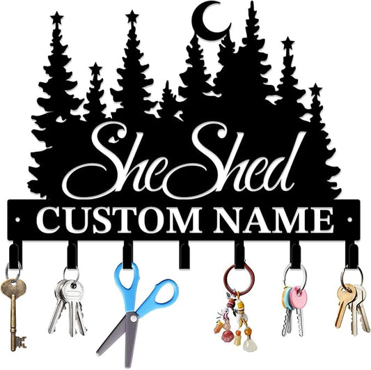 Personalized She Shed Keys Hooks,Custom Name Metal She Shed Art Keys Hooks,Metal She Shed Lover Wall Home Storage Decorative Keys Hooks,Key Holder Hooks for Wall (Style I)