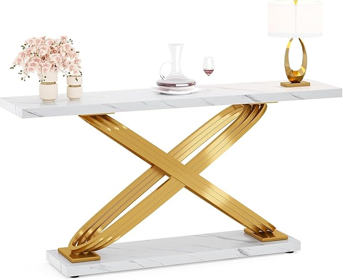 Tribesigns 55 Inch Modern Console Table, Gold Entryway Table Behind Sofa Couch, Narrow Rectangular Sofa Table for Living Room, Bedroom, Front Hall, Hallway, Gold & White