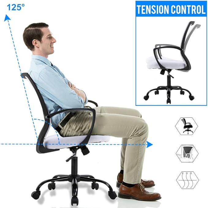 Mesh Office Chair Ergonomic Desk Chair Computer Chair with Lumbar Support Armrest Rolling Swivel Task Mid Back Adjustable Chair for Adults, White