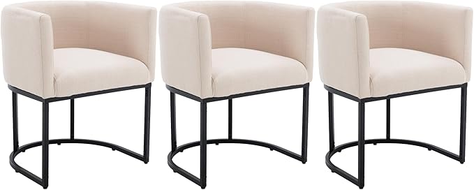 Linen Fabric Dining Chairs Set of 3 Modern Barrel Arm Chairs with Black Frame Upholstered Kitchen Chairs 18.5" Wide Accent Chairs for Living Room Dining Room Restaurant, Cream