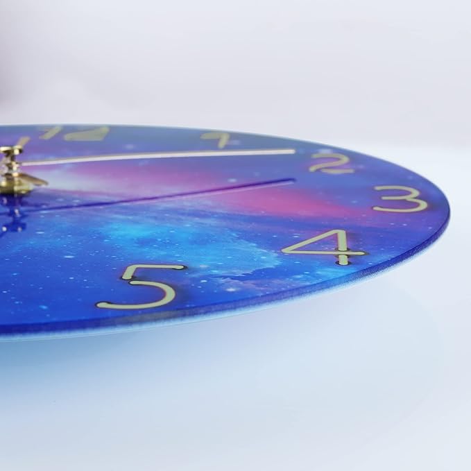 Lafocuse 12 Inch Silent Purple Wall Clocks Battery Operated for Bedroom, Cool Space Galaxy Analog Clock for Living Room Decor, Glass