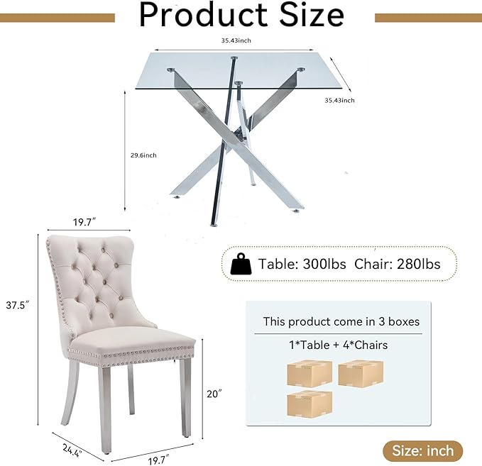 Goujxcy Glass Dining Table Set for 4, Modern Kitchen Table and Chairs Set of 4, 5-Piece Kitchen Dining Room Table Set w/36 Square Silver Glass Dining Table and 4 Beige Velvet Upholstered Chairs