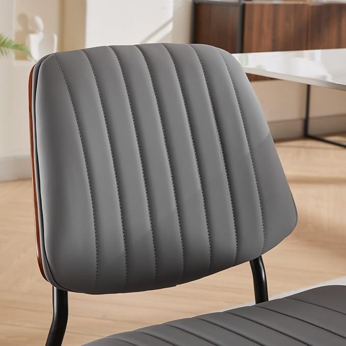 Dining Chairs Set of 2, Mid-Century Modern Upholstered PU Leather Chairs with Walnut Bentwood Back and Metal Legs Adjustable Feet for Kitchen Dining Living Room, Gray Vertical Stripes