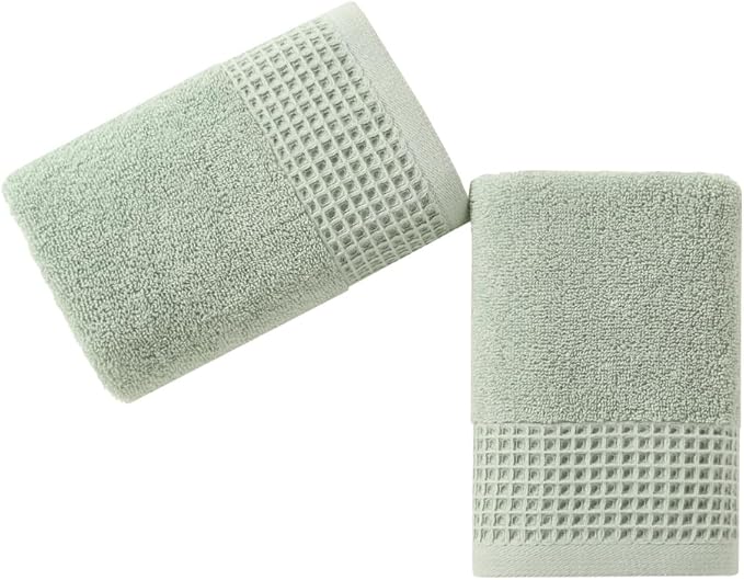 sense gnosis Green Hand Towels Terry & Waffle Weave Design Premium 100% Cotton 2 PC Towel Set Soft Absorbent Quickdry Spring Decorative Bathroom Hand Towel 13X 29 Inch