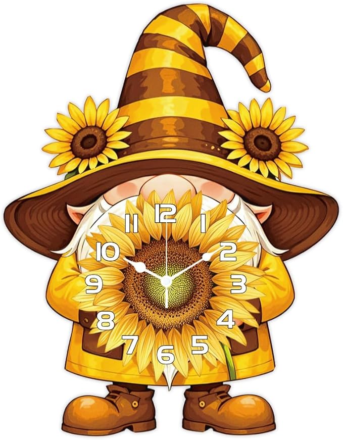 CHGCRAFT Sunflower Gnome Pattern Wall Clock 16.1 Inch Wood Grain Non-Ticking Irregular Shape Clocks Wall Hanging Clock Battery Operated for Bedroom Living Room Kitchen Office