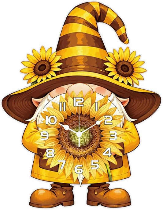 CHGCRAFT Sunflower Gnome Pattern Wall Clock 16.1 Inch Wood Grain Non-Ticking Irregular Shape Clocks Wall Hanging Clock Battery Operated for Bedroom Living Room Kitchen Office