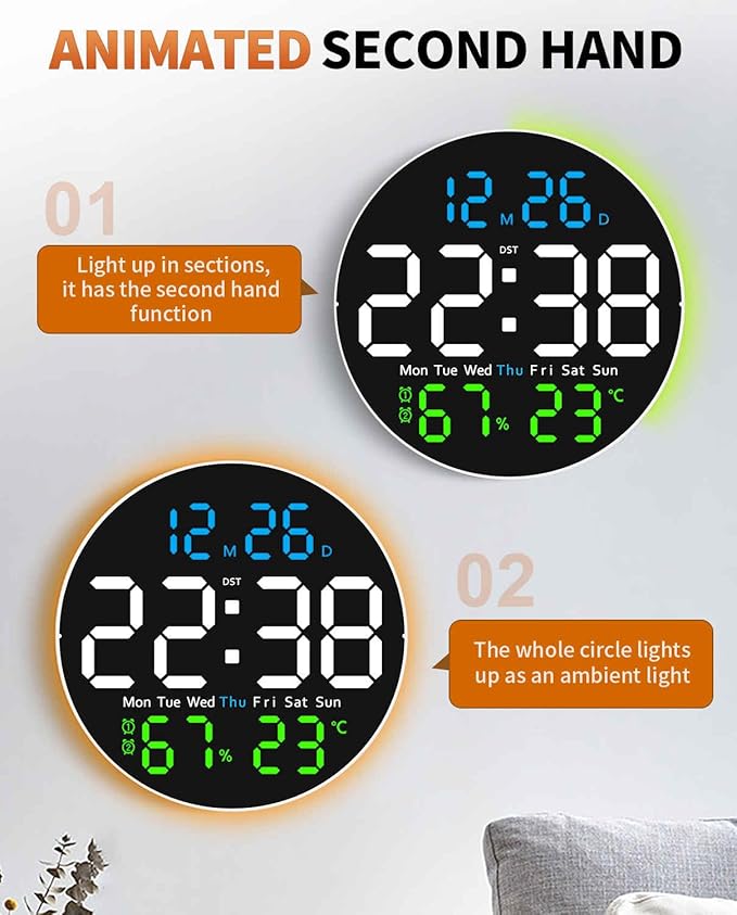 10 Inch Large Digital Wall Clock with 9 Color Changing Remote Control, Date Week Temperature, Auto Brightness Dimmer Clock Night Lights,Blue+Green