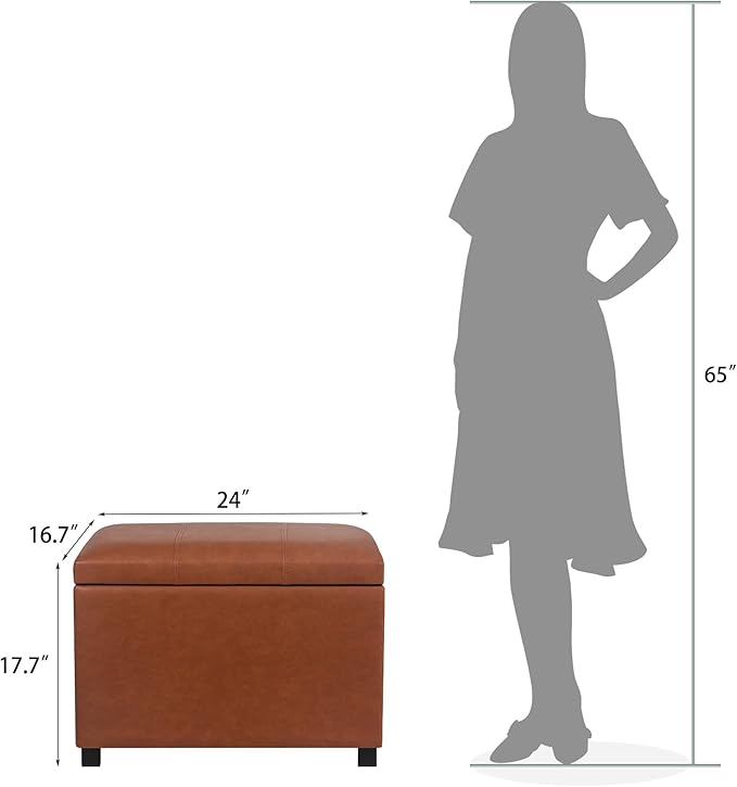 Joveco 24" Leather Storage Ottoman Bench, Rectangle Foot Rest Stool for Living Room, Bedroom, Entryway, Cognac Brown